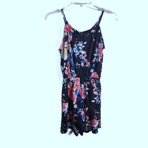 Spadehill Womens String Tie Romper Small Navy Pink Teal Floral Sleeveless Elasti
